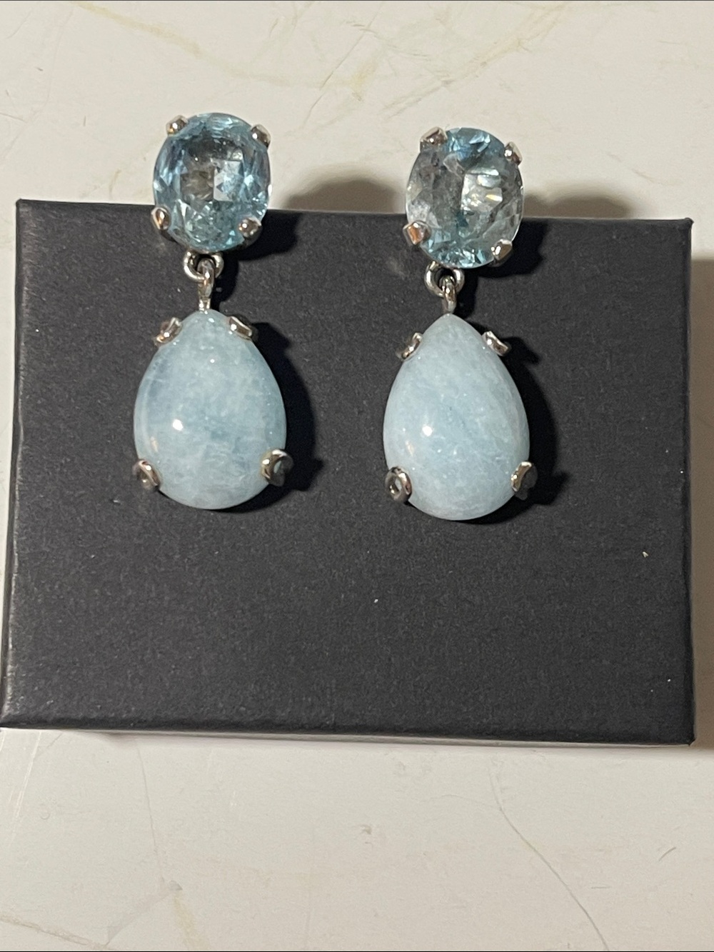 Elegant Blue Topaz and Chalcedony Teardrop Drop Earrings Set in Sterling Silver